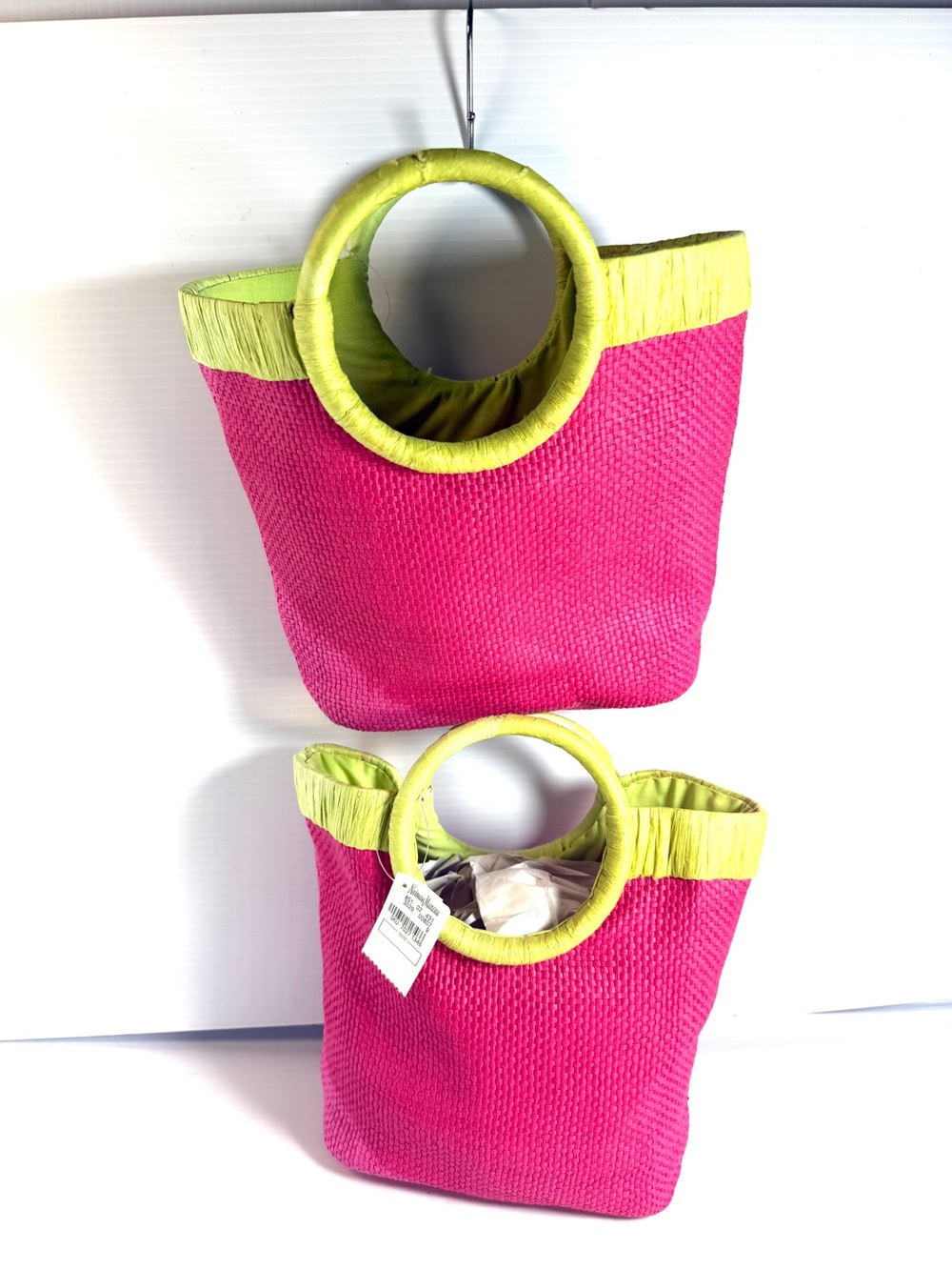 Neiman Marcus Pink and Lime Round-Handle Mini Tote